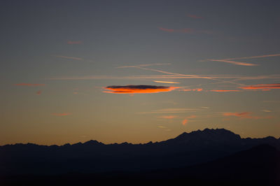 Scenic view of mountains against sky at sunset