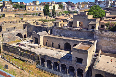 High angle view of old buildings in city