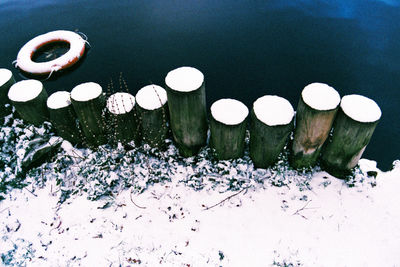 High angle view of snow on lake