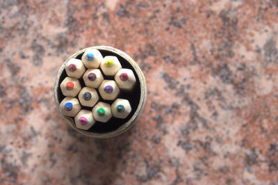 High angle view of multi colored pencils on table