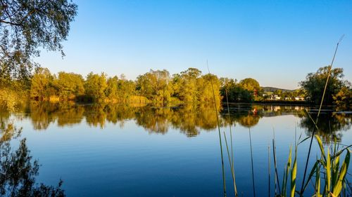 Scenic view of lake against clear blue sky