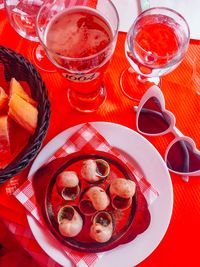 High angle view of breakfast served on table