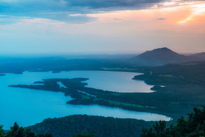 High angle view of bay against sky