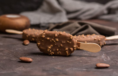 Close-up of chocolate cake on table