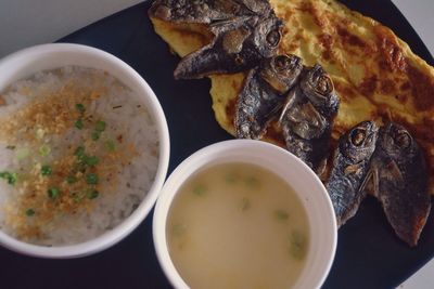 Directly above shot of soup in bowl on table