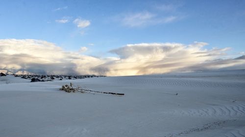 Scenic view of snow covered land against sky