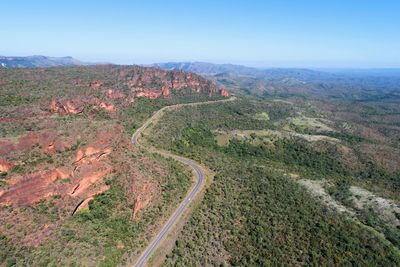 High angle view of land against clear sky