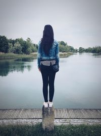 Rear view of woman standing on stone against river