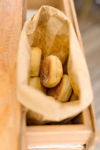 High angle view of bread in container on table