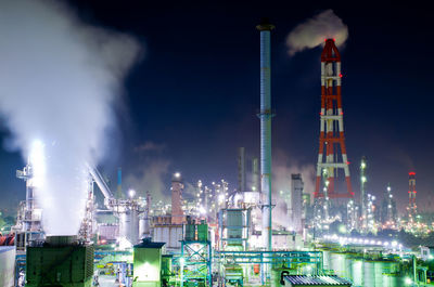 Panoramic view of illuminated factory against sky at night