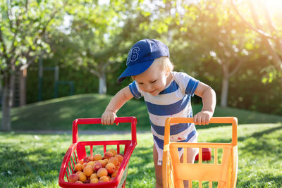 Full length of cute boy in basket
