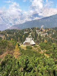 Scenic view of trees and buildings against sky