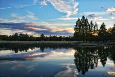 Scenic view of lake against sky at sunset