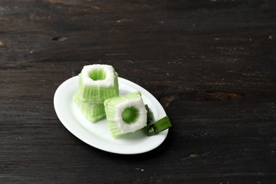 High angle view of dessert in plate on table