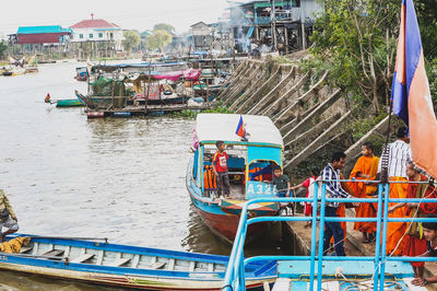 High angle view of boats moored in river