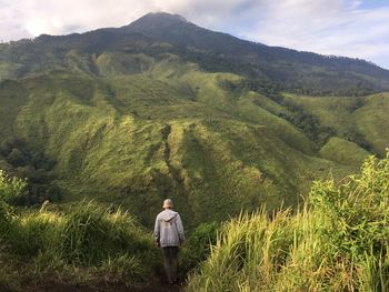 Rear view of man on field against mountains