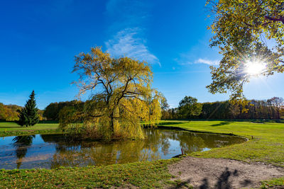 Scenic view of lake against blue sky