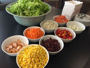 High angle view of fruits in bowl on table