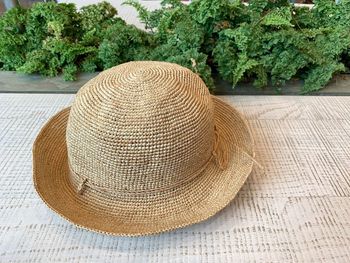 High angle view of hat on table against plants