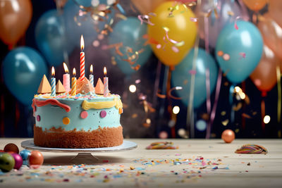 Close-up of birthday cake on table