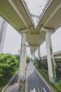 Bridge over highway in city against sky