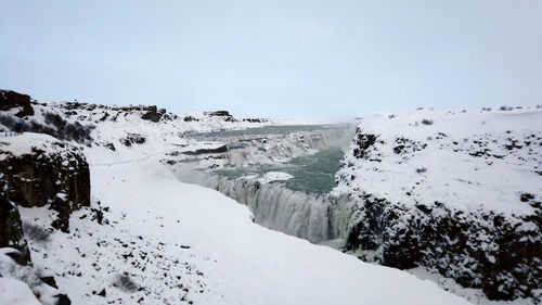 Snow covered landscape against clear sky