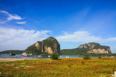 Scenic view of bay against sky