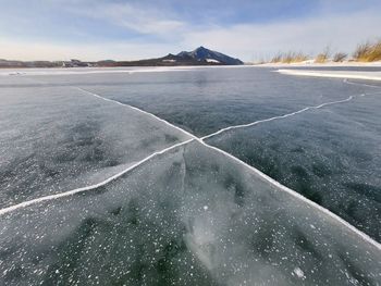 Frozen lake with mountains in the background