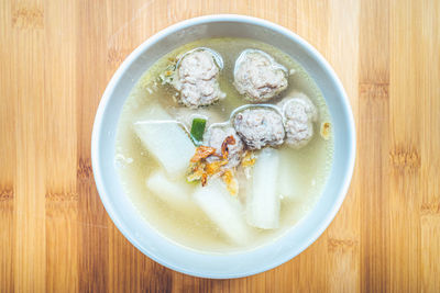 High angle view of soup in bowl on table