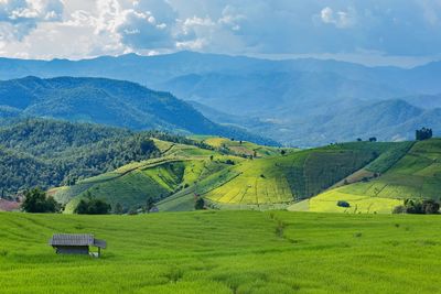 Scenic view of field and mountains against sky