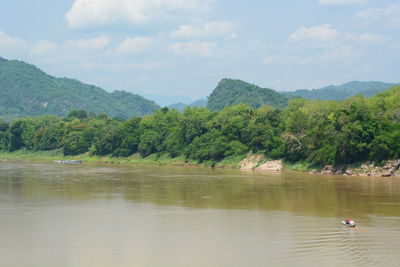 Scenic view of lake by trees against sky
