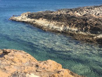 High angle view of rocks in sea