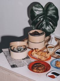 High angle view of various food on table