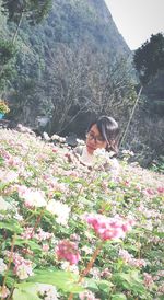 View of woman and flowering plants on land