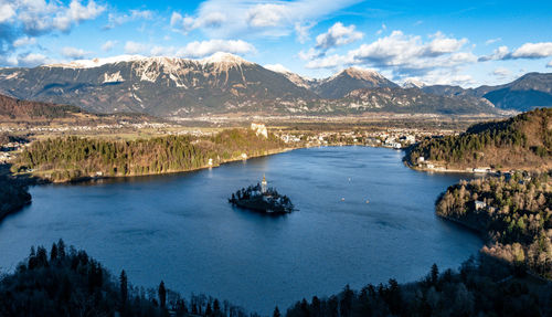 Scenic view of lake and mountains against sky