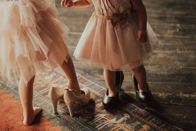 Low section of girls wearing large sandals on floor