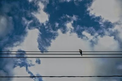 Low angle view of power lines against cloudy sky