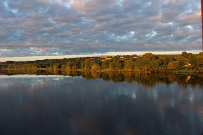 Scenic view of calm lake against cloudy sky