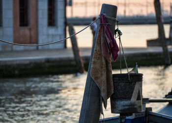 Close-up of clothes drying against building