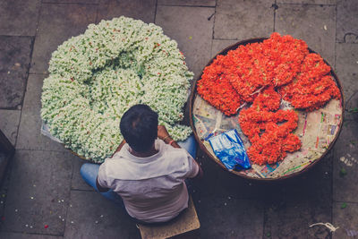 High angle view of man for sale at market