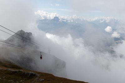 Overhead cable car with mountain in background