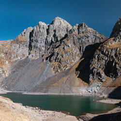 Scenic view of lake and mountains against clear sky