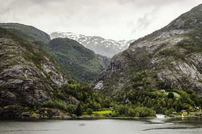 Scenic view of river and mountains against sky