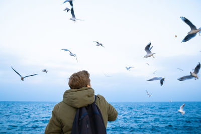 Rear view of seagulls flying over sea