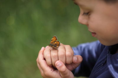 Close-up of boy holding butterfly