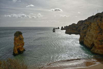 Rock formation on sea against sky