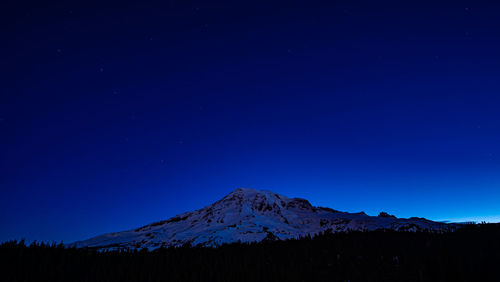 Scenic view of snowcapped mountains against clear blue sky at night