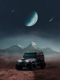 Digital composite image of car on field against sky at night