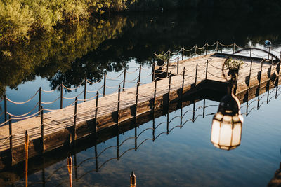 High angle view of reflection of trees in lake