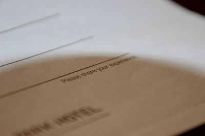 High angle view of text on paper